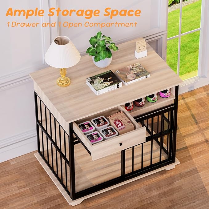 35.5" Dog Crate Furniture, Wooden Dog Crate Furniture for Medium Small Dogs, Wooden Dog Kennel End Table with Drawer and Open Shelves, Sliding Door Dog Kennel Furniture-PawvioPets