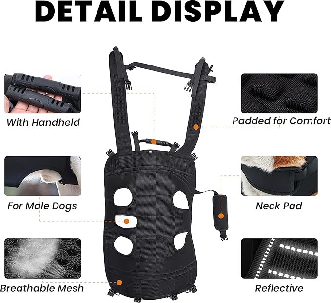 Dog Lift Harness Backpack Carrier for Large Dogs, Full Body Sling with Handle, Dog Harness for Joint Injuries, Arthritis, Ideal for Stairs, Elderly Dogs (Black XX-Large 50-66 LBS)-PawvioPets