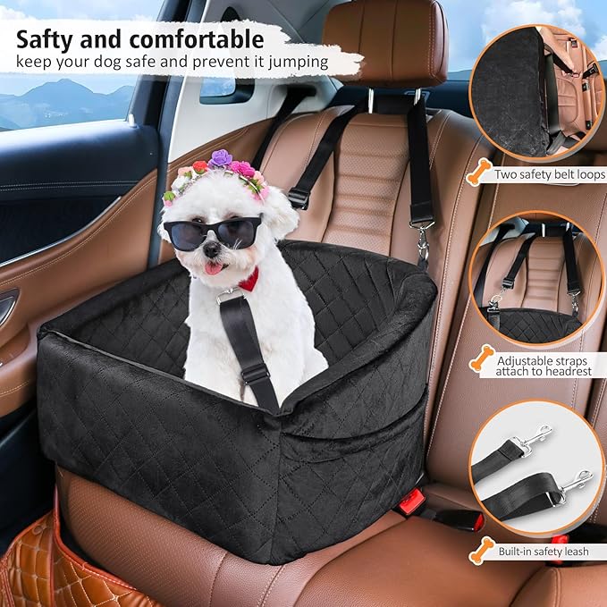 Dog Car Seat for Small Medium Dogs,Detachable Washable Dog Booster Seat Under 30lbs, Pet Car Seat Travel Bed with Storage Pockets and Dog Safety Belt (Black)-PawvioPets