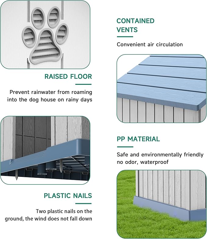 DRATO Indoor Outdoor Waterproof Dog House,PP Material,Puppy Shelter with Air Vents and Elevated Floor,Sturdy Dog Kennel for Small to Large Sized Dogs, Easy to Assemble (Blue, 38.62×36.26×38.07 Inches)-PawvioPets