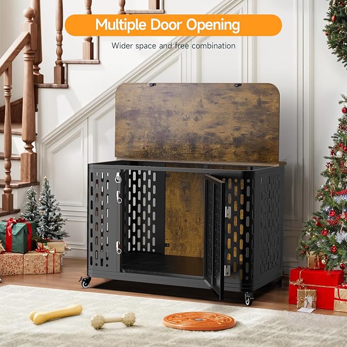 Dog Crate with Cushion, 38" Wood Heavy Duty Dog Crate Furniture with Flip Top & Wheels for High Anxiety Dogs, Escape Proof Pet Cage for Small/Medium Dogs-PawvioPets