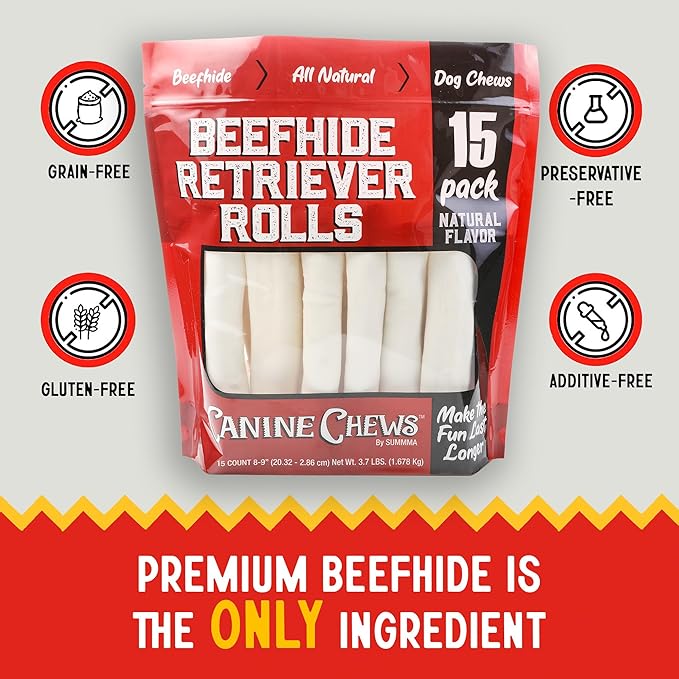 Canine Chews 8-9" Retriever Rolls for Large Dogs - Pack of 15 All-Natural Beef Hide Dog Chews for Aggressive Chewers - 3.7 lb.-PawvioPets