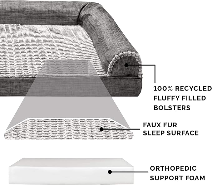 Furhaven Orthopedic Dog Bed for Large Dogs w/ Removable Bolsters & Washable Cover, For Dogs Up to 125 lbs - Luxe Faux Fur & Performance Linen Sofa - Charcoal, Jumbo Plus/XXL-PawvioPets