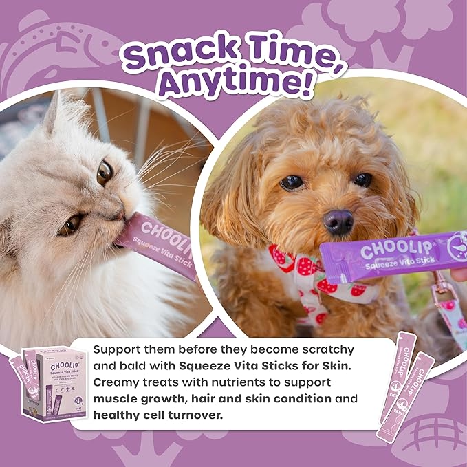 Grab & Go Squeeze Vita Stick Lickable Treats for Dogs & Cats. 49 Coat Support Sticks with Essential multivitamins. Soft and Tasty Paste for All Life Stages, Supporting Coat Health-PawvioPets