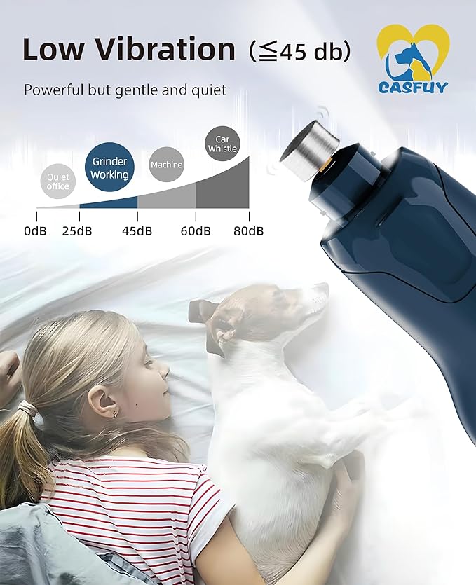 Casfuy Dog Nail Grinder Quiet - (45db) 6-Speed Pet Nail Grinder with 2 LED Lights for Large Medium Small Puppy Dogs/Cats, Professional 3 Ports Rechargeable Electric Dog Nail Trimmer with Dust Cap-PawvioPets