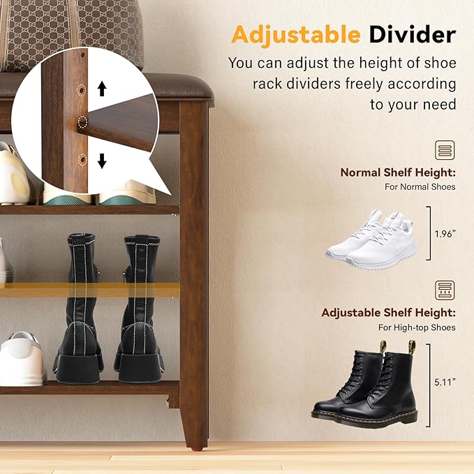 Entryway Shoe Storage Bench with Leather Cushion, Shoe Organizer Bench for Entryway, Ideal for Hallways Front Doors Entrances Mudrooms Featuring Rubberwood And 3 Height-Adjustable and Removable Shelve-PawvioPets