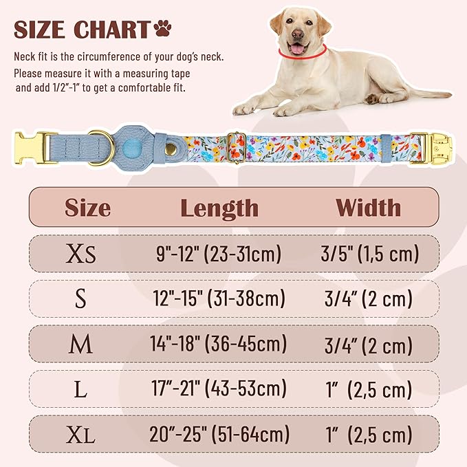 AirTag Dog Collar for Small Medium Large Breed - Adjustable Cute Pattern Dog Collar with Airtag Holder - Soft Leather Tracker GPS Apple Air Tag Pet Collars (Small, 12"-15" Neck Fit, Floral)-PawvioPets