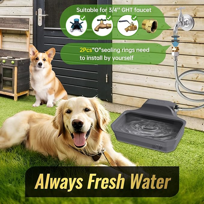 135OZ Automatic Water Dispenser for Large Dogs Patented Outdoor Dog Water Bowl Dispenser Automatic Dog Feeder Fit 3/4'' GHT Faucet Dog Waterer Include Water Hose Extra-Large Drinking Area-PawvioPets