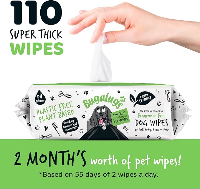 Dog Wipes, 100% Plastic Free Biodegradable pet Wipes for Full Body, Eye Wipes, Ear Wipes, Bum & Paws. 110 Sensitive Dog Grooming Wipes for Dogs, Puppy & cat Grooming (Fragrance Free)-PawvioPets