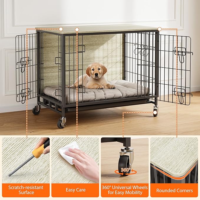 Dog Crate Furniture, 38.6" Wooden Dog Crate with Double Doors, Dog Furniture, Large Dog Kennel Indoor End Table for Large Dogs, Grey-PawvioPets