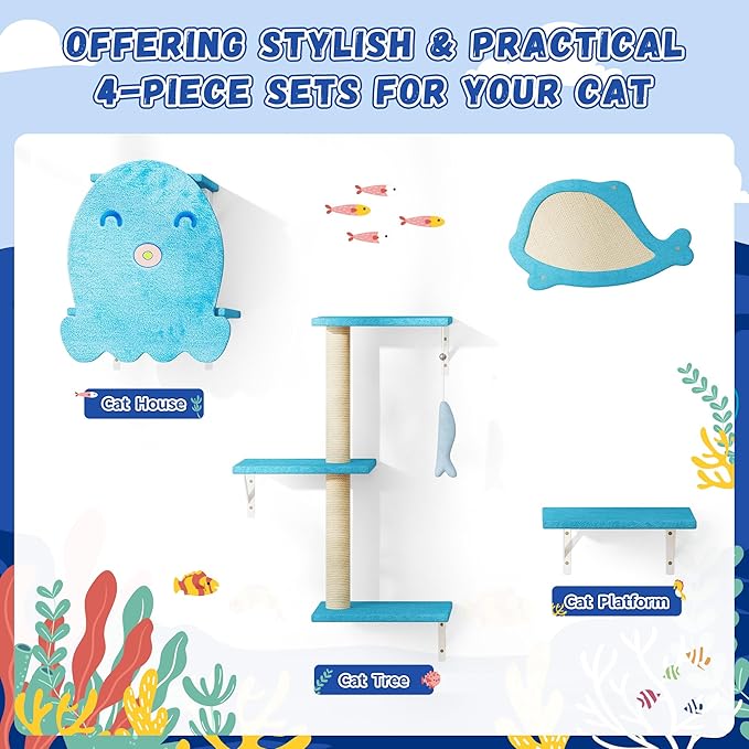 COZIWOW 4-Piece Wall-Mounted Cat Tree Set – Sturdy Wood Pet House, Scratching Board, Platforms, Sisal Posts & Blue Fish Charm – Ocean Blue-PawvioPets