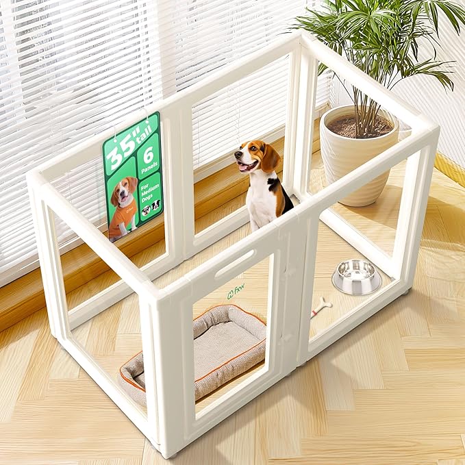FXW AuraSpace Acrylic Indoor Unleashed Dog Playpen for Medium Dogs, 35 Inch, 6 Panels, White-PawvioPets