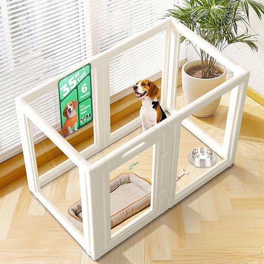 FXW AuraSpace Acrylic Indoor Unleashed Dog Playpen for Medium Dogs, 35 Inch, 6 Panels, White-PawvioPets