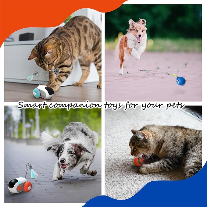1pc Interactive Automatic Remote Control Cat Mice Car Toy and 1pc Smart Electric Moving Speedy Cat Ball Toy with Feather Tail, Suitable for Dogs, Keep Busy, Stimulating, Rechargeable (Blue)-PawvioPets