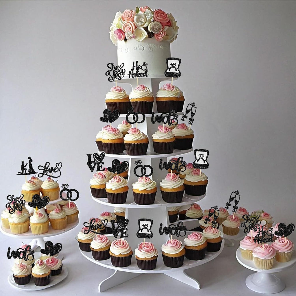 Ephlyn 30Pcs He Asked She Said Yes Cupcake Toppers Glitter Engagement Cupcake Toppers Diamond Ring Heart Love I Do Cupcake Picks for Engagement Wedding Party Cake Decorations Black
