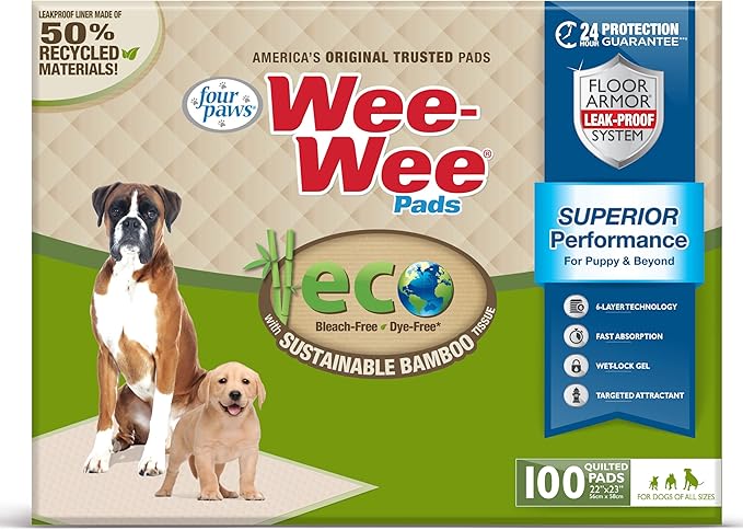 Four Paws Wee-Wee Superior Performance Bamboo Pee Pads for Dogs, Earth Friendly Dog & Puppy Potty Training Pads, Crate Liners, Housebreaking Supplies, 22" x 23" (100 Count)-PawvioPets