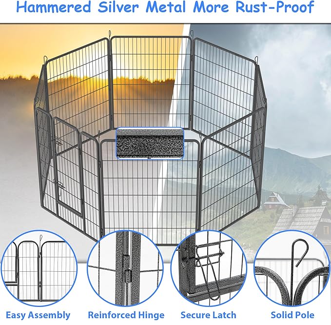 Dog Playpen, Outdoor Dog Fence, 8 Panels, 40" H Dog Pen for Medium/Small Dogs, Heavy Duty Metal Pet Fence with Gate, Portable Dog Fence for RV Camping and Yard (Black)-PawvioPets