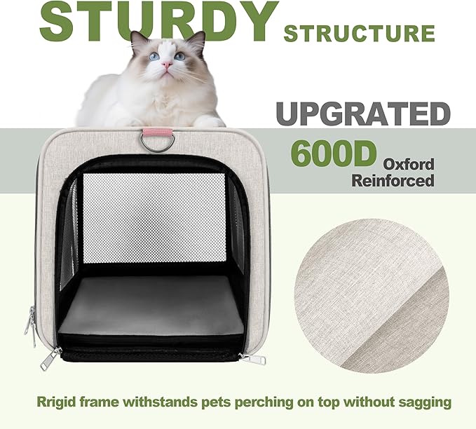 Cat Carrier American Airline Approved 18x11x11, Top Opening Sturdy Soft Pet Carrying Bag See Through, Mini Dog Hard Bottom Crate Kennel Case, 4-Side-Ventilation Mesh Cage Toy Poodle Biege-PawvioPets