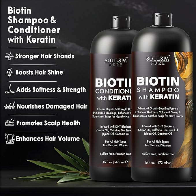 Biotin Shampoo and Conditioner Set with Keratin - Sulfate-Free Advanced Anti-Thinning, Hair Growth Shampoo and Conditioner Combo Repair Formula - with DHT Blockers, for Men & Women - 16 fl oz each-PawvioPets