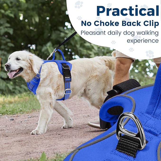 Funfox Dog Harness No Pull, Adjustable Pet Vest Harness, Super Soft Material with Vertical Handle Easy Control, Reflective Night Walking, 2 Leash Clips for Medium Sized Dogs, Blue, M-PawvioPets