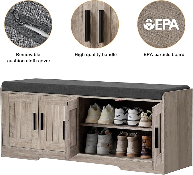 2-Tier Storage Bench, Shoe Bench with Thickened Padded Seat Cushion, Entryway Bench with 4 Doors, Adjustable Shelf, 13.8" D x 45.3" W x 18.5" H, for Entryway, Living Room, Bedroom, Greige-PawvioPets