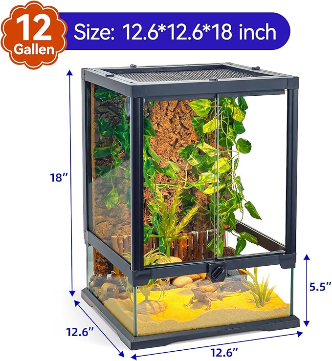 360° Clear View 12 Gallon 18x12.6x12.6 Glass Reptile Terrarium Suitable for Bearded Dragon, Chameleon, Crested Gecko, Multi-Pet Enclosure with Front Door, Excellent Ventilation, Hidden Wiring Holes-PawvioPets