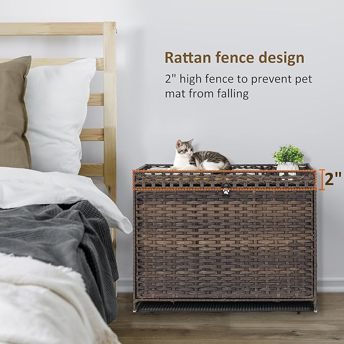 Cat Litter Box Enclosure with Soft Litter Mat; Hidden Cat Washroom Furniture with Door; Handwoven Rattan Cat House with Large Space; Pet Crate for Living Room, Bedroom, Balcony (Brown)-PawvioPets