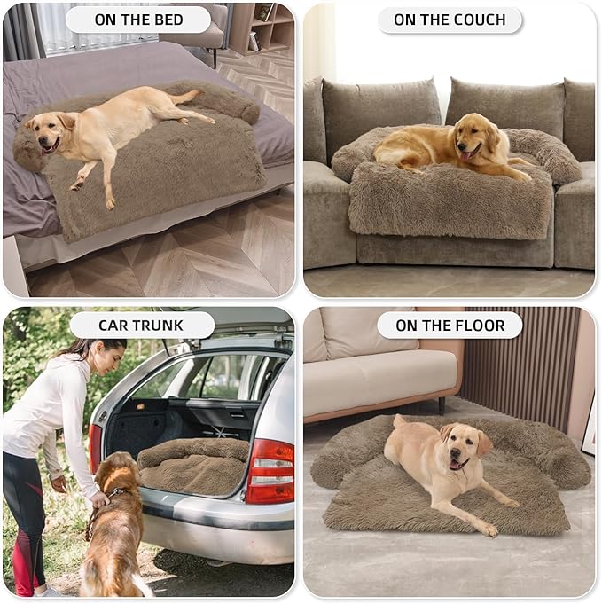 Calming Dog Bed Fluffy Plush Dog Mat for Furniture Protector with Removable Washable Cover for Large Medium Small Dogs and Cats (Extra Large (53x39.3x6), Camel)-PawvioPets
