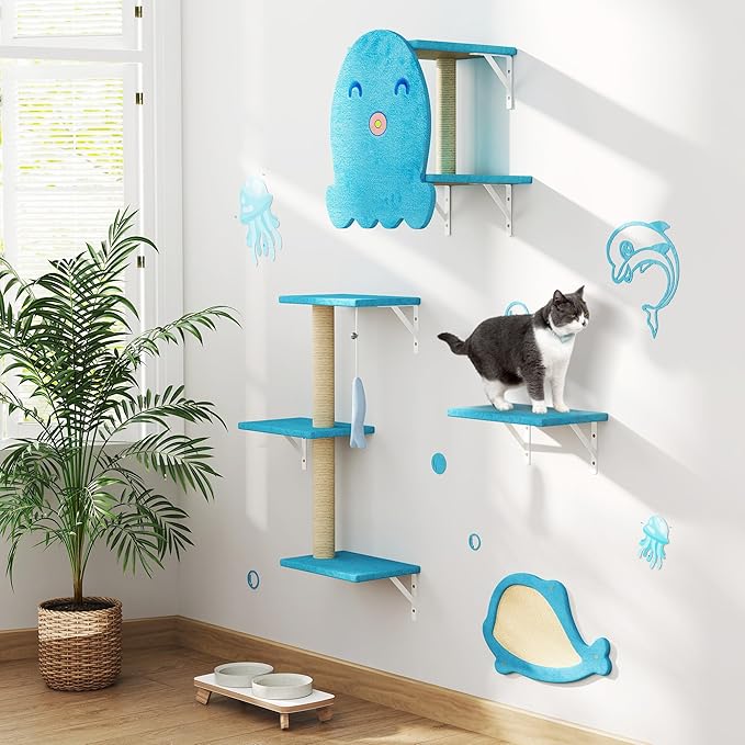 COZIWOW 4-Piece Wall-Mounted Cat Tree Set – Sturdy Wood Pet House, Scratching Board, Platforms, Sisal Posts & Blue Fish Charm – Ocean Blue-PawvioPets