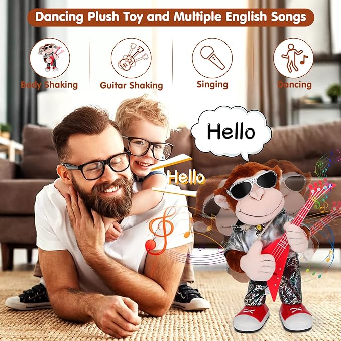 Dancing Monkey Plush Toy, Stuffed Toys, Dancing Singing, Body Shaking, and Guitar Shaking, Punk Molding, One Button Control, Children's Education Toys, Musical Intelligence Development-PawvioPets
