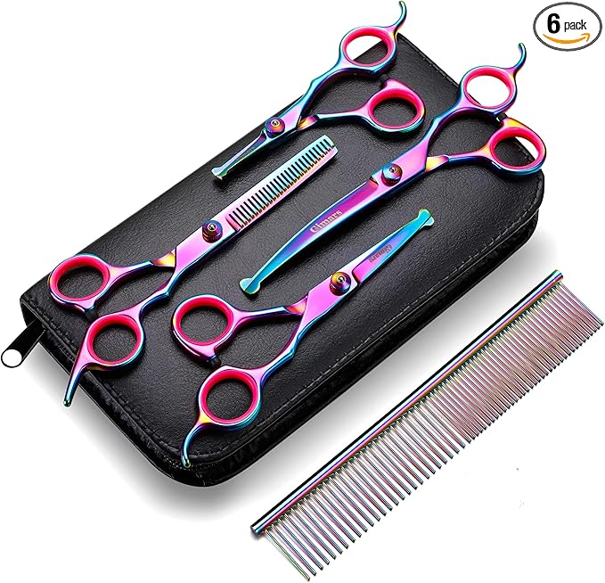 Gimars Professional 4CR Stainless Steel 6 in 1 Grooming Scissors for Dogs with Safety Round Tip, Heavy Duty Titanium Coated Pet Grooming Scissor for Dogs, Cats and Other Animals-PawvioPets