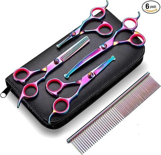 Gimars Professional 4CR Stainless Steel 6 in 1 Grooming Scissors for Dogs with Safety Round Tip, Heavy Duty Titanium Coated Pet Grooming Scissor for Dogs, Cats and Other Animals-PawvioPets