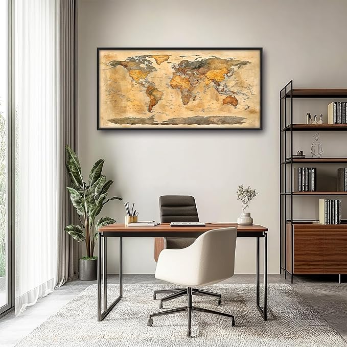 Extra Large World Map Framed Wall Art for Living Room,Oversized Vintage Map of The World Pictures Wall Decor,Canvas Print Painting Modern Artwork Bedroom Office Bathroom 60L" x 30W"-PawvioPets