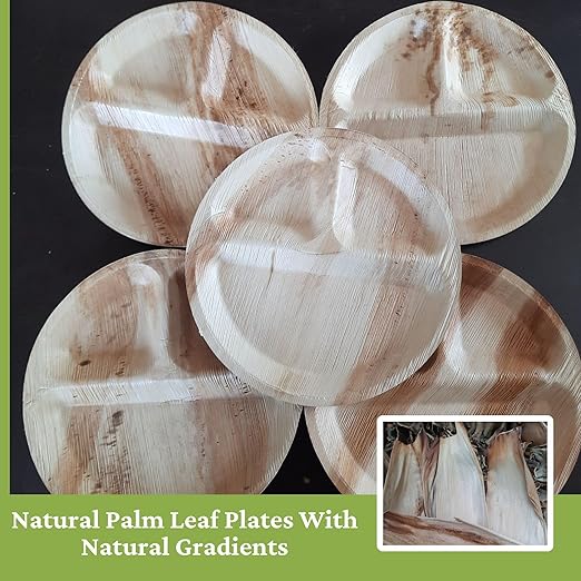 Dtocs 3 Compartment Plates (50 Pc) Palm Leaf 10 Inch Round Portion Control Buffet Sectional Plate | Bamboo Plates Disposable Like Compostable Camping Dinnerware Stronger than Divided Paper, Styrofoam-PawvioPets