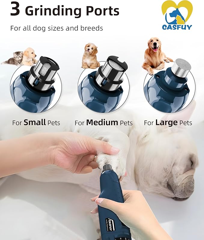 Casfuy Dog Nail Grinder Quiet - (45db) 6-Speed Pet Nail Grinder with 2 LED Lights for Large Medium Small Puppy Dogs/Cats, Professional 3 Ports Rechargeable Electric Dog Nail Trimmer with Dust Cap-PawvioPets