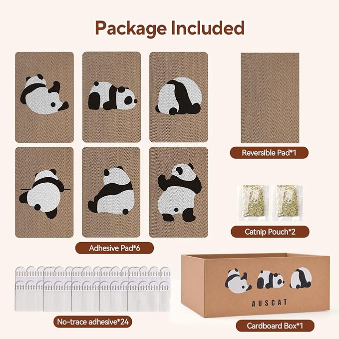 AUSCAT Cardboard Cat Wall Scratcher, 7 cat Scratching Boards with Box, Wall Mounted Cat Scratching Pads for Indoor Cats, Furniture Protector, 14.5" x 9.3", Panda Pattern-PawvioPets