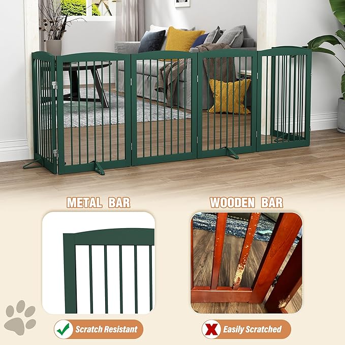 Freestanding Pet Gate for Dogs, Foldable Wooden Dog Gate for House, Extra Wide Indoor Pet Barrier for Stair, Doorway, Hall, Support Feet Included, 120 Inch Wide, 6 Panels 24",Green-PawvioPets