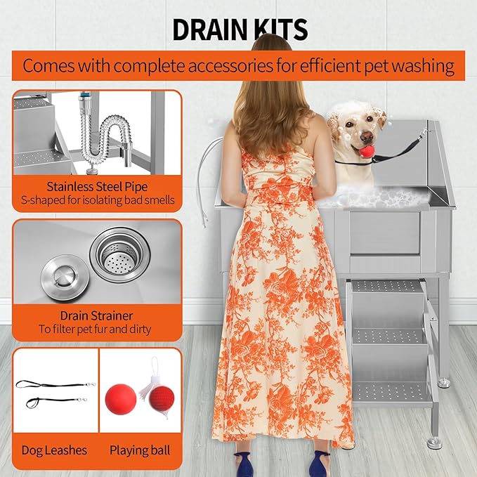 38 Inch Dog Bathing Station for Large Dogs, Stainless Steel Dog Pet Washing Station, Professional Dog Grooming Tub, Pet Wash Bath Station,Right Door-PawvioPets