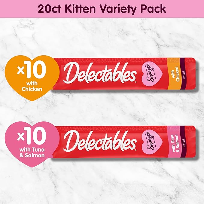 Delectables Squeeze Up Kitten Variety Pack, Creamy Squeezable Puree, Lickable Wet Cat Treats, Grain Free, No Added Fillers, No by-Products, No Added Preservatives, 0.5 Ounces Tube, 20 Tubes Total-PawvioPets