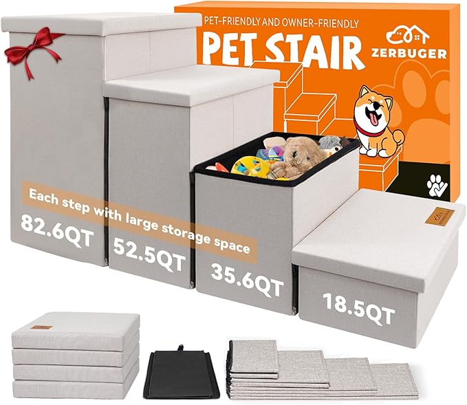 Dog Stairs with Storage 23" H, 4-Step Wider Dog Steps for High Beds Window, Folding Sturdy Pet Stairs Gift for Small/Medium/Large Old Dogs Cat, Ramp for Climbing Car Up to 200 lbs, Beige-PawvioPets