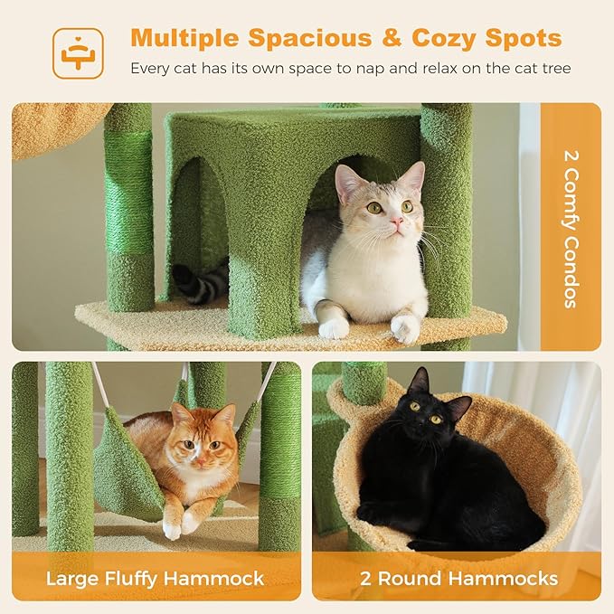 71.2" Large Cat Tree for Multi-Cat Households - 9-Level Cat Tower w/5 Sisal Scratching Posts, 2 Condos, Soft Hammock, Top Perch & Pom Poms - Heavy-Duty Space-Saving Design, Cactus Green-PawvioPets