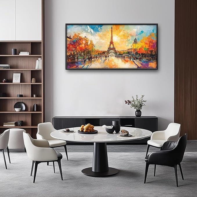 Framed Large Eiffel Tower Wall Art for Living Room, Oversized Paris City Street Landscape Wall Decor, Colorful Sunrise Canvas Painting Modern Artwork for Living Room Bedroom Office 60"x30"-PawvioPets