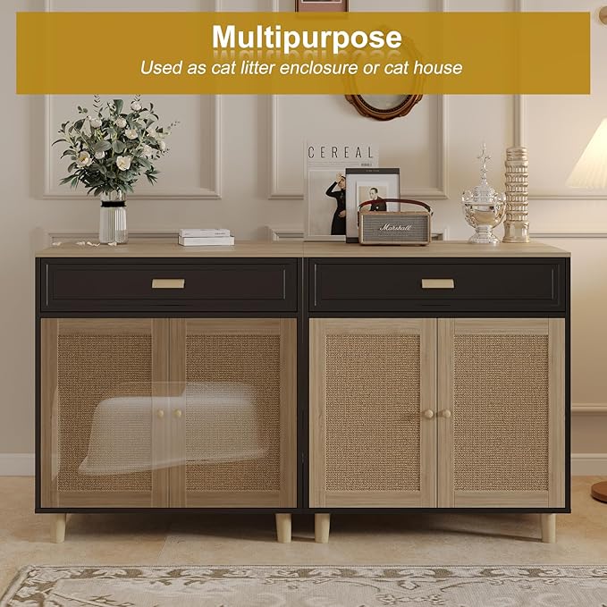 Cat Litter Box Enclosure Furniture Hidden - Indoor 2-in-1 Wooden Cat House & Washroom Cabinet with Scratching Board Doors and Drawer, 31.5”x21.6”x34.6”, Black-PawvioPets