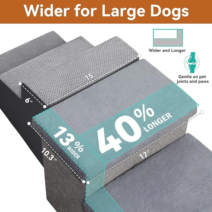 Dog Stairs with Furry Lids 18" H, 3-Step Wider Dog Steps with Storage for Small/Medium/Large Old Dogs Cats, Folding Sturdy Pet Stairs Climbing Bed Couch, Ramp for Car Hold Up to 200 lbs, Grey-PawvioPets