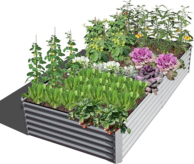 Domi Raised Garden Beds Outdoor, 6x3x1.5Ft Thickening Tall Metal Rectangular Deep Root Box Planter for Vegetables, Flowers, Herbs, and Succulents 1.5" Deep w/ 192 Gallon Capacity - Silvery-PawvioPets