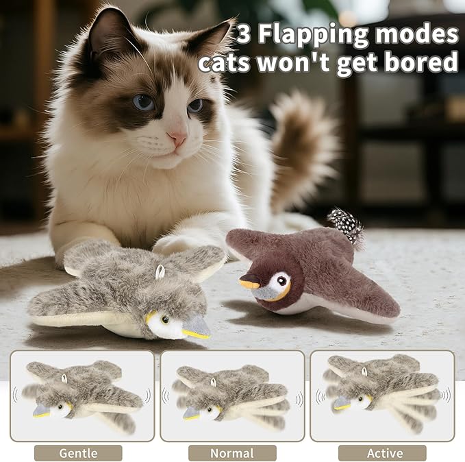 2 PCS Cat Toys, Flapping Bird Cat Toy(No Flying), Interactive Catnip Toy with Catnip Bags, Chirping Noise Moving Wings Dog Cat Kitten Toys, Flappy Flying Pets Toy for Indoor(Brown&Gray Sparrow)-PawvioPets