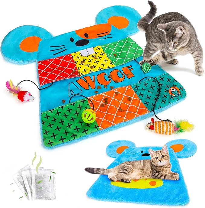 AWOOF Cat Mat, Cute Soft Catnip Mat, Cat Activity Mat Machine Washable Catnip Toys Interactive Cat Toys for Indoor Cats (Mouse Shape)-PawvioPets