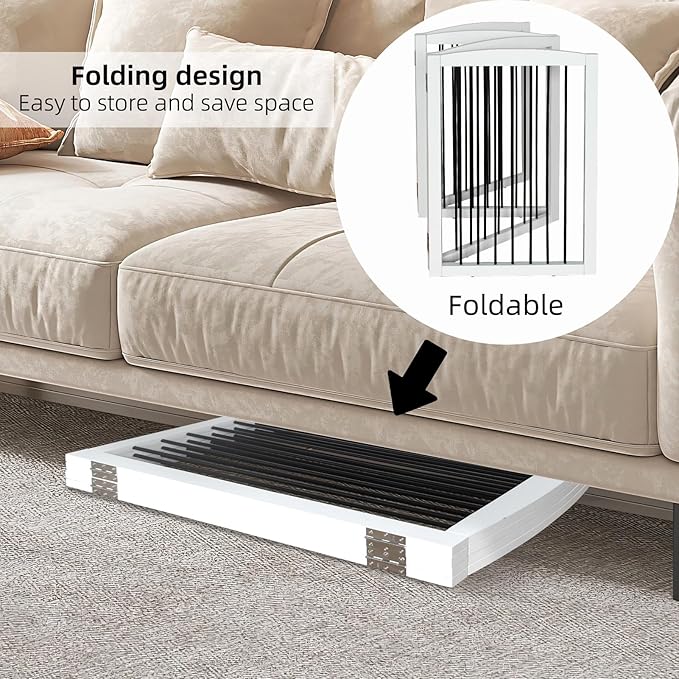 Foldable Wooden Freestanding Dog Gate - 32" H, 3 Panels, Stairs/Doorways, Support Feet Included, White-PawvioPets