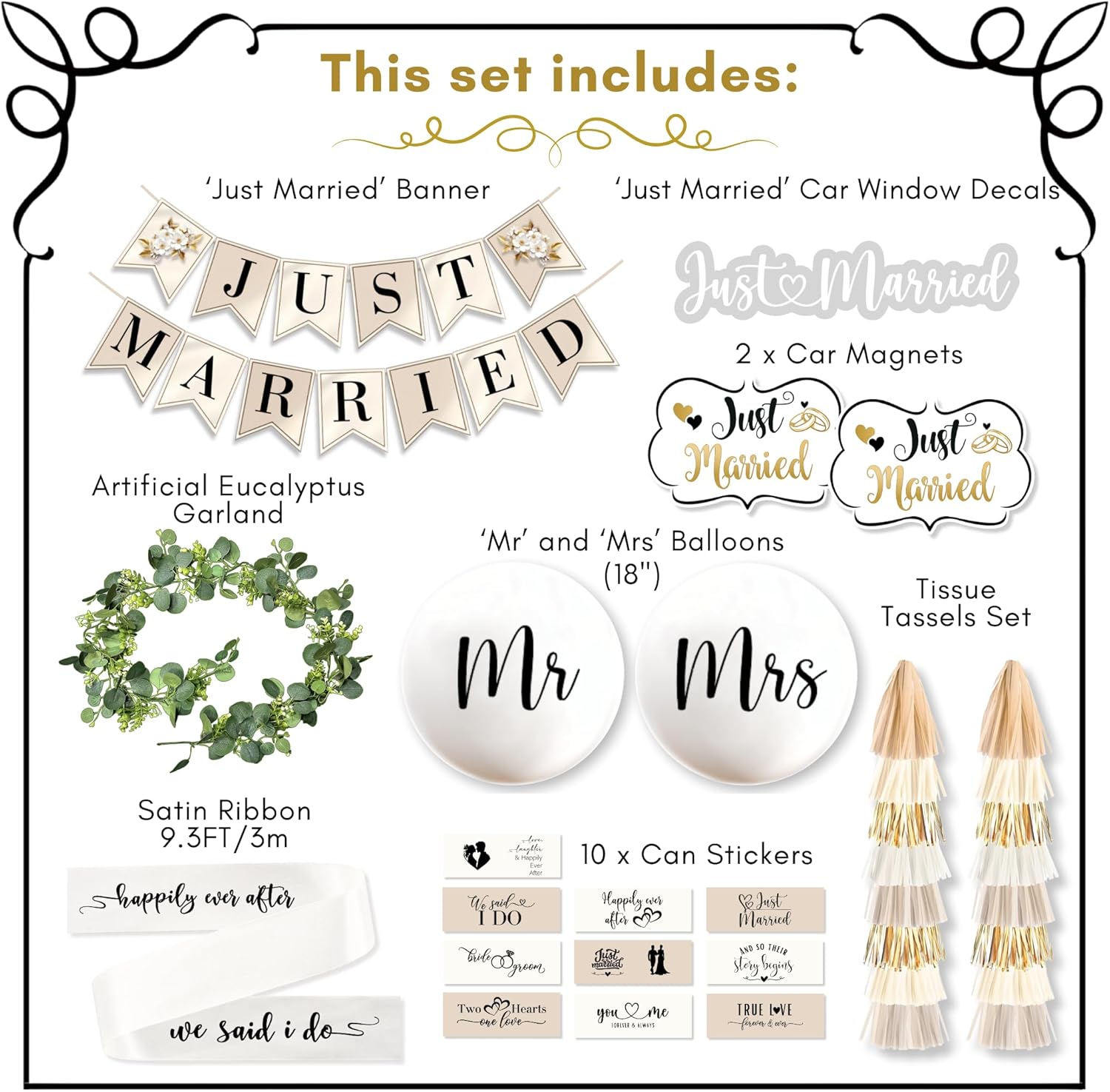33 Pc Just Married Car Decorations – Wedding Reception & Ceremony Decor – Banners, Stickers & Balloons – Elegant Reusable Wedding Car Kit – Weather-Resistant & Easy to Apply – No Residue
