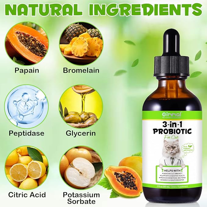 3 in 1 Probiotics for Cats, Cat Digestive Support,Daily Digestive Health Supplement with Multiple Strains of Bacteria Help with Diarrhea,Gas and Bloating, Cat Herbal Supplements- 60ml-PawvioPets